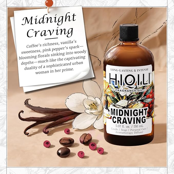 HIQILI Midnight Craving Fragrance Oil, Inspired by Y S.L's B.Lack O.pium, for Diffuser, Candle & Soap & Perfume Balm Making, Sweet Gourmand Aroma- 5.07 Fl Oz
