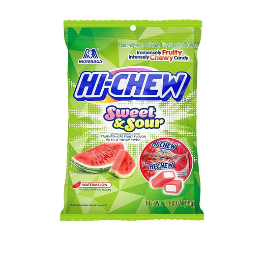 HI-CHEW Sweet & Sour Watermelon, Pack of 12 Mini Bags, 1.94oz each - Unique Fun Soft & Chewy Taffy Halloween Candy - Immensely Juicy Fruit Flavors - Individually Wrapped Halloween Sharing Candy