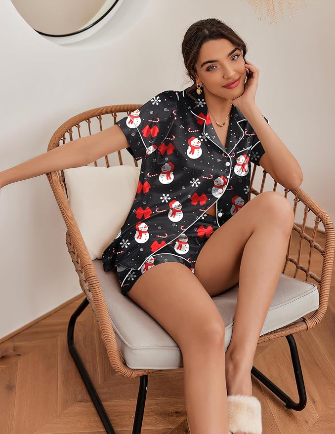 Ekouaer Silk Pajamas for Women Short Sleeve Sleepwear Soft Button Down Loungewear 2 Piece Satin Pjs Shorts Set S-XXL