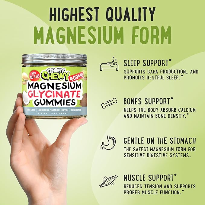 Center-Filled Magnesium Glycinate Gummies 400MG - High Absorption for Kids, Teens & Adults - Supplement for Sleep, Calm & Muscle Relaxation with B6 & D3 - Gluten Free & Vegan Friendly - 60 Count