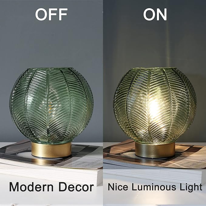 Battery Powered Lamp with Timer, Cordless Battery Operated Table Lamp with LED Bulb, Decorative Small Lamp Glass for Nightstand Bedside Bedroom Living Room-Green