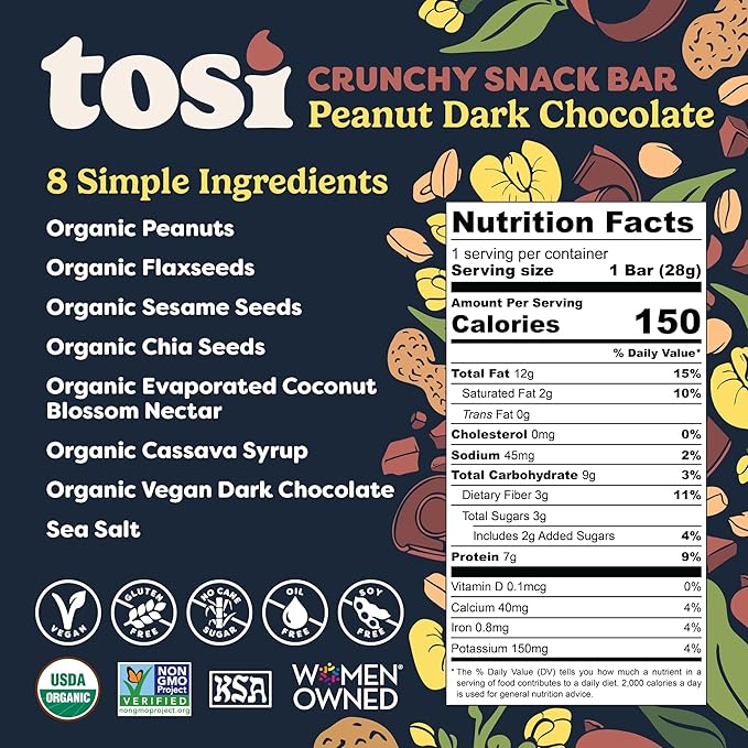 Tosi Variety Pack Protein Bars, Plant Based with Nuts, Gluten-Free Crunchy Snacks, Vegan, Organic, Flax & Chia Seeds, Soy-Free, Omega 3s, 5G-20G Protein, 1 oz and 2.4 oz, 8-Pack