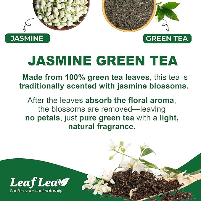 LeafLea 40 Jasmine Green Tea Bags, Premium Green Tea Scented with Jasmine Flowers for Gentle Support & Light Alertness, Floral Smoothness, Caffeinated, Sugar-Free, Non-GMO, Vegan, Individually Wrapped