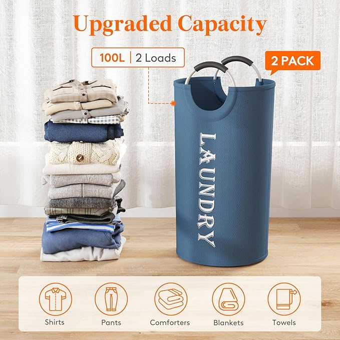 Lifewit 100L 2-Pack Large Laundry Basket, Collapsible Laundry Hamper with Aluminum Handles, Waterproof Freestanding Dirty Clothes Hampers for Laundry Room Bedroom Dorm Bathroom, Blue