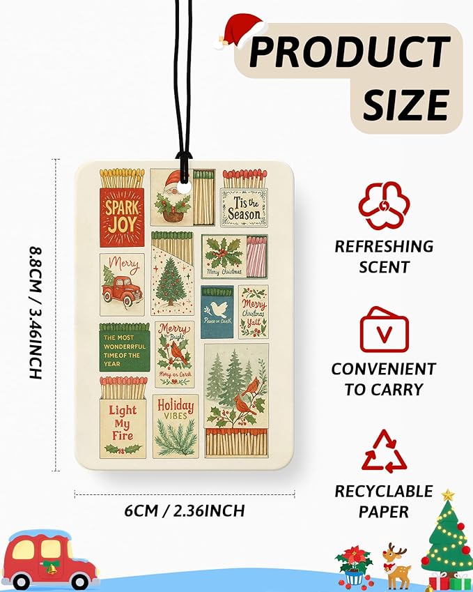 Red and Green Christmas Berry Car Air Freshener 4 Pcs, Red Bow Holly Matchbox Village Xmas Tree Hanging Air Freshener for Cars Closet Drawer Books, Girly Car Accessories Mirror Decor for Women