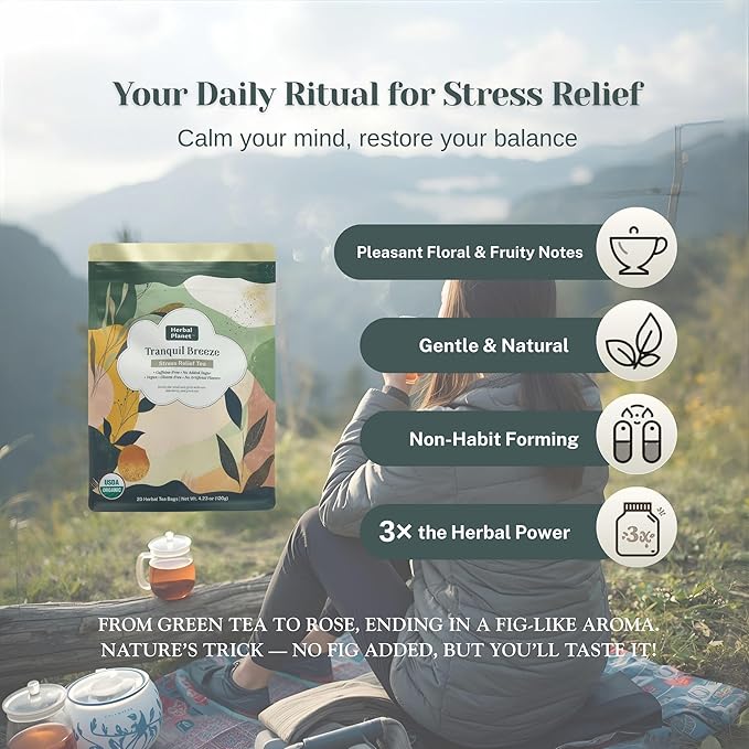 Herbal Planet Stress Relief Tea – Daily Relaxation & Emotional Balance Blend | Green Tea, Elderberry, Turmeric, Rose & Monk Fruit | 20 Tea Bags (4.23oz / 120g)