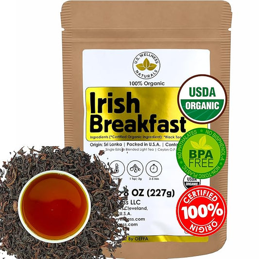 U.S. Wellness Naturals Irish Breakfast Tea, SMOOTH, RICH & WELL-ROUNDED loose leaf tea, 110+ cups, 8oz, 100% ORGANIC CEYLON (2 Estate Blend), fresh new harvest, OP grade tea