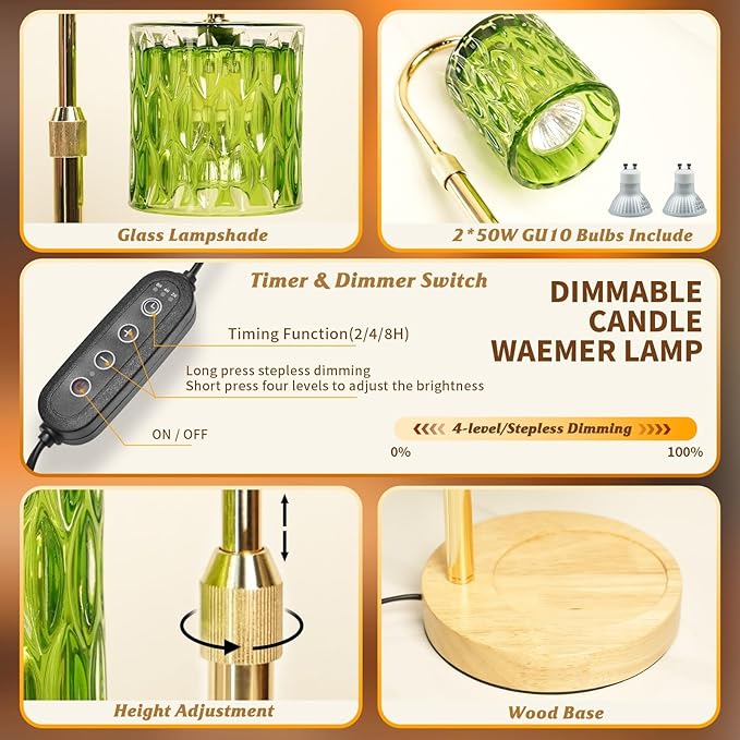 Candle Warmer Lamp with Timer and Dimmable, Electric Wax Melt Candle Warmers Height Adjustable with 2 Bulbs, Birthday Gifts for Women House Warming, Modern Home Decor for Scented Jar Candles(Green)