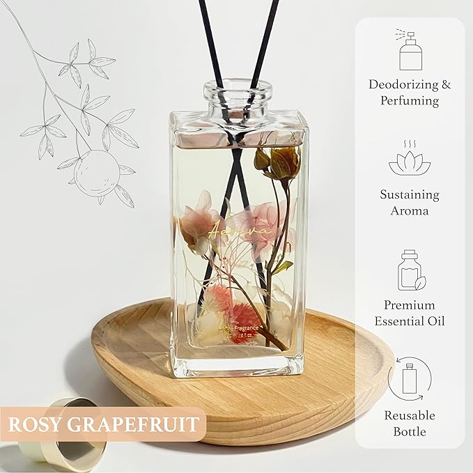 Reed Diffuser Set, 5 fl oz Rose Grapefruit Scented Oil Diffuser, Home Fragrance with Cotton Reed Sticks for Bedroom, Office, Bathroom Shelf Decor & Gifts