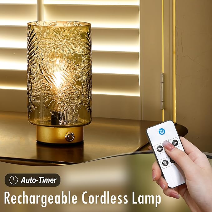 Cordless Lamps Rechargeable Battery Operated lamp,Glass Table Lamp Remote Control-Dimmable Brightness Touch Wireless Bedside Lamp for New Home Gift/Bedroom/Kitchen/Living Room Decor Amber