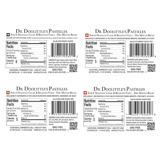 Dr. Doolittle’s Soft Fruit Pastilles Sugar Variety Pack for Voice and Throat, Blackcurrant, Lemon Lime, and Wild Berries, 2.12 Ounce Tin, approximately 25 Count Package, 4 Pack