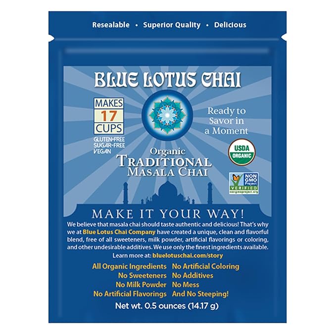 Blue Lotus Chai Tea - Fully Organic Traditional Masala Chai - Makes 17 Cups - 0.5 Ounce Masala Spiced Chai Powder with Organic Spices - Instant Indian Tea No Steeping - No Gluten