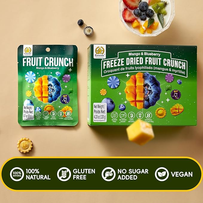 SUNGIVEN Freeze Dried Fruit Crisps Crunch Mango & Blueberry 6 Packs Gluten Free Made with Fruit Vegan Healthy Snacks Ready to Eat for Yogurt Dessert