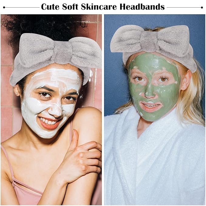 Ondder Spa Headband for Washing Face 8 Pack Gray Skincare Headbands for Women Girls Terry Cloth Cute Bow Head Bands