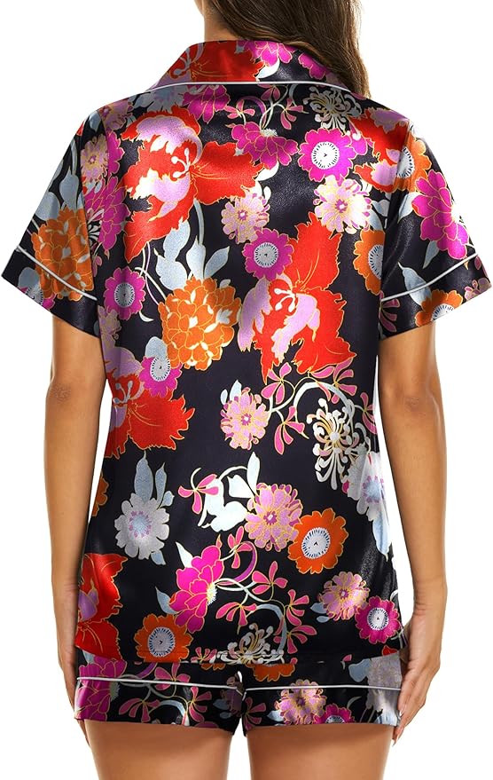 Ekouaer Silk Pajamas for Women Short Sleeve Sleepwear Soft Button Down Loungewear 2 Piece Satin Pjs Shorts Set S-XXL