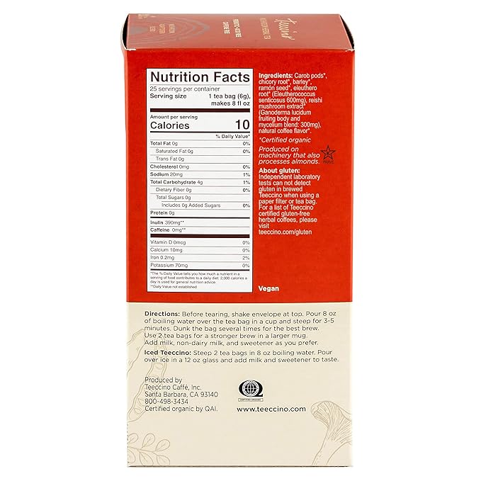 Teeccino Reishi Eleuthero Tea - French Roast - Organic Mushroom Adaptogenic Herbal Tea, 3x More Herbs than Regular Tea Bags, Caffeine Free, Chicory Prebiotic - 25 Tea Bags