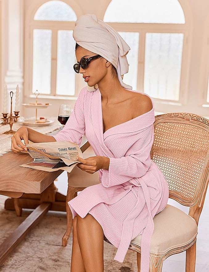 Ekouaer Robes for Women Waffle Knit Bathrobe Lightweight Kimono Robe Knee Length Loungewear with Pockets