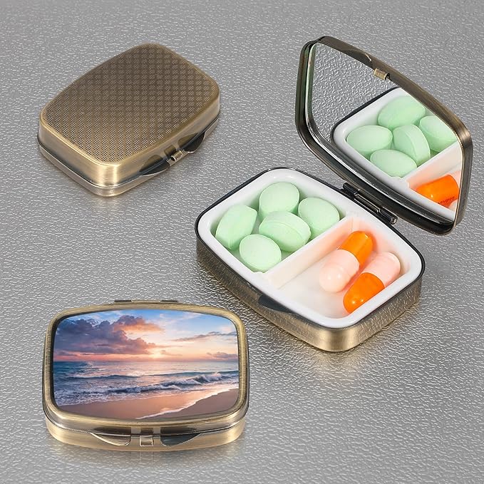 Dynippy Pill Case Pill Box with Mirror Retro Pocket 2 Compartment Medicine Case Vitamin Pill Organizer for Pocket Purse and Travel (Retro- Beach Sunset)