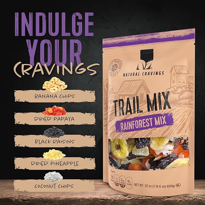 Natural Cravings 24oz Trail Mix Bulk Family Size Bag - Tropical Rainforest Dried Fruit Mix & Assorted Nuts Mix with Dry Pineapple, Banana Chips, Papaya, Raisins, Coconut Chips - Gluten Free Trail mix