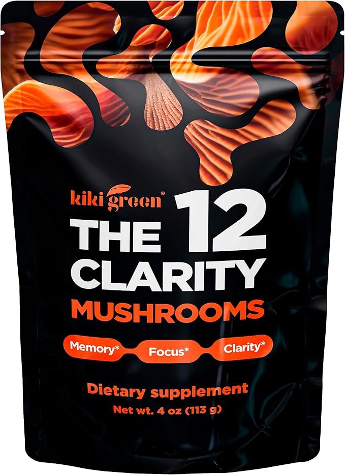 KIKI Green 12 Mushroom Powder 4 oz - Lion's Mane, Cordyceps, Chaga, Reishi, Shiitake, Maitake & More - Vegan, Fruiting Body Mushroom Supplement Powder for Focus, Energy, Immunity