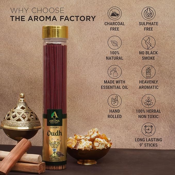 The Aroma Factory Oudh Charcoal Free Incense Stick, Scented Agarbatti, 100% Herbal Premium Aromatherapy, Meditation Prayer Relaxation, Crafted for Luxury Seekers (100g)