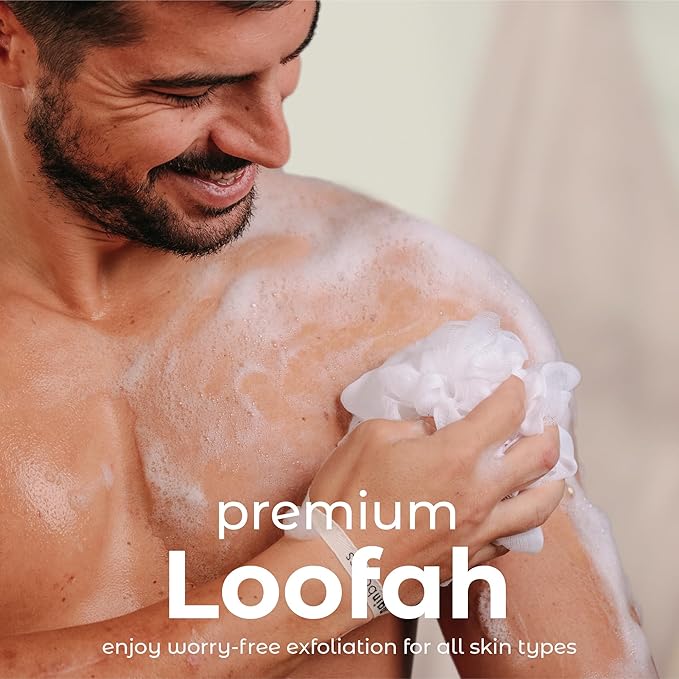 MainBasics Bath Shower Loofah Sponge Pouf Body Scrubber Exfoliator Body Wash Sponge (Set of 3, Snow White)