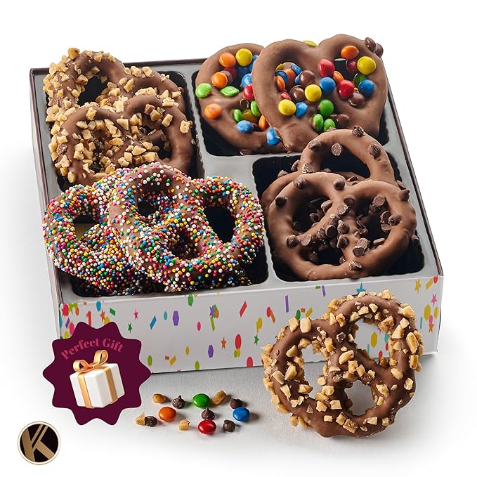 KREMERY Creamy Chocolate Cravings - Diwali Sweets Hamper Chocolate Covered Pretzel Twists Gift Basket, in Brown Gift Box (12 Pretzels, Assorted Sweet Toppings) Food Arrangement