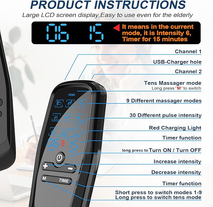 Dual Channel TENS Unit for Pain Relief Rechargeable Electronic Pluse Muscle Stimulator Massager Low-Frequency Multi-Function Physiotherapy Instrument with 10pcs Electrode Pads
