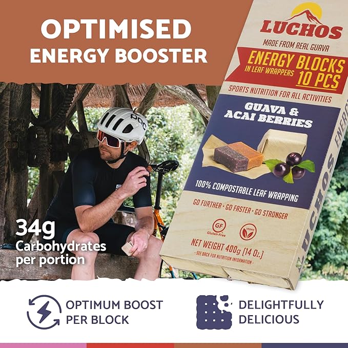 LUCHOS Natural High Energy Bars Power Blocks for Sports, Endurance, Running, Hiking, Cycling, Pre Workout Healthy Snacks, High Carb, Vegan and Gluten Free, Guava and Acai Berry, 10 Pieces