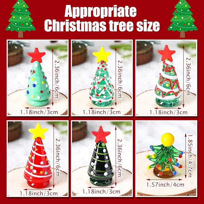 6 Pcs Mini Christmas Tree Glass Gifts Set Ornaments Small Glass Christmas Tree Gifts Holiday Dollhouse Miniature Winter Figurines for Crafts DIY Holiday Xmas Party(Regular,2.36 Inch)