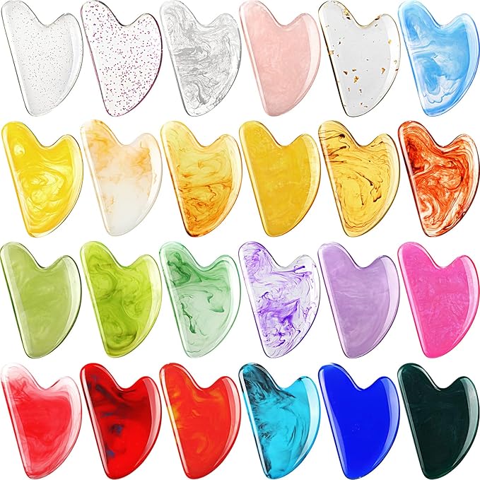 Sherr 24 Pcs Gua Sha Facial Tool Resin Gua Sha Massage Tool Heart Shaped Gua Sha Stone Guasha Board for Face Body Skin Massage Spa Acupuncture Prevent Wrinkles (Multi Colors)