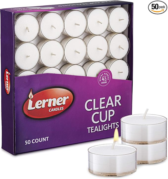 Lerner Clear Tea Lights Candles Bulk - 4.5 Hour Clear Cup Tealight 50 Pack - Consistent Smkless Clean Burning - Holiday, Wedding, Spa, Emergency and Home Decoration Candles