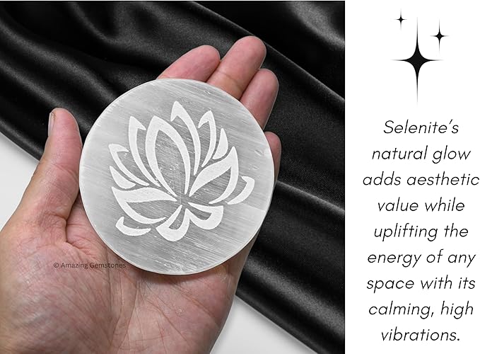 Amazing Gemstone Selenite Crystal Charging Plate For Crystals And Healing Stones, 3" Selenite Crystal Plate Engraved Lotus Flower of Life Coaster For Home, Office Table Decor (Selenite Round Disc)