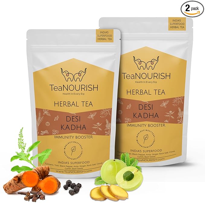 TeaNOURISH Desi Kadha | Immunity Booster Herbal Tea | Indian Superfoods Turmeric, Amla, Tulsi, Ginger & Rock Salt | Relaxing & Warming | 100% NATURAL - 3.53oz/100g (Pack of 2)