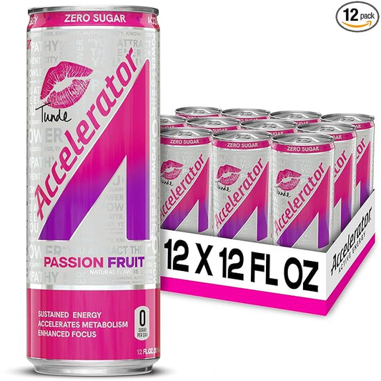 Accelerator Energy Drink Sugar Free, Passion Fruit Tunde 12oz can(12 pack), Zero Sugar Energy Drinks with Sustained Energy from 100% Natural Caffeine (200mg) & Green Tea extract