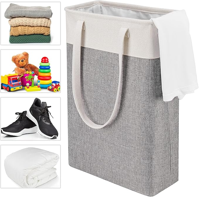 Collapsible Laundry Baskets Double Laundry Hampers Large Foldable Laundry Basket Organizer with Straps Beig Gray Cloth Laundry Hamper for Dirty Clothes,QY-SC22-2