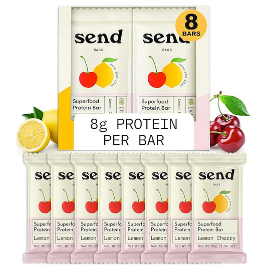 Send Bars Plant-Based Vegan Healthy Protein Bars, With Greens (Lemon Cherry, 8 Bars) – Only Real Ingredients, Zero Added Sugar, Gluten-Free, Dairy-Free