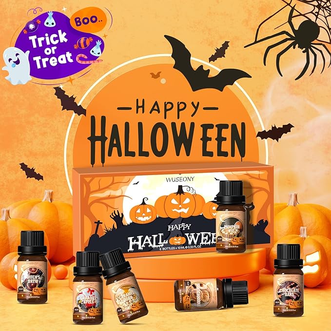 Halloween Fragrance Oils Set, Essential Oils for Diffusers Home, Scented Oils for Candle Soap Making - Pumpkin Pie, Caramel Apple, Chocolate Bars, Snickerdoodle, Caramel Corn, Witch's Brew