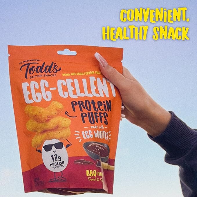 Todd's Better Snacks Egg-Cellent Protein Puffs, Sweet & Smoky BBQ – 12g Protein, Gluten-Free, Paleo-Friendly, Baked, GLP-1 Compliant – Healthy Snack, Made with Egg Whites – 2.5 Oz (Pack of 4)