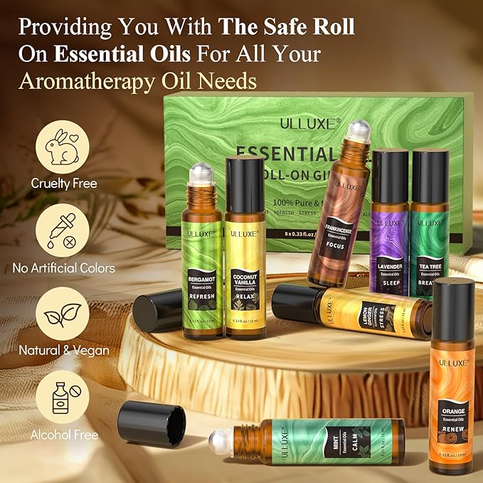Essential Oils Roll On Set (Pack of 8) 8 Scent, Essential Oil Roller Set, Natural Aromatherapy Oil Blends for Skin, Self Care Gift Stocking Stuffers for Women and Men