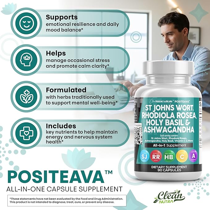 Clean Nutraceuticals St Johns Wort Rhodiola Rosea Holy Basil Ashwagandha - Mood Support for Women and Men with Vitamin C & Black Pepper Extract - 90 Caps