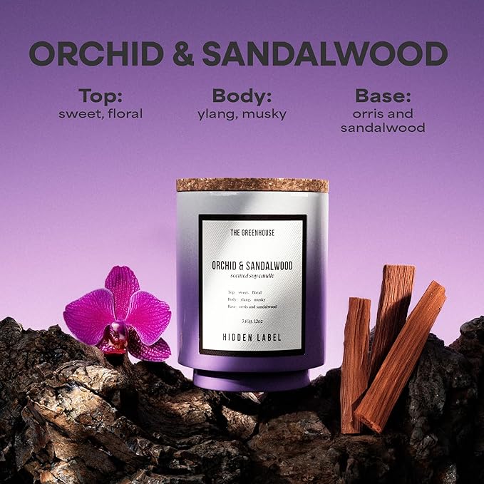 Hidden Label Orchid & Sandalwood Soy Candle, 12oz/75-Hour Burn Time, 100% Natural Candles Non Toxic, Aromatherapy Candle for Stress Relief, Meditation, Yoga & Relaxation