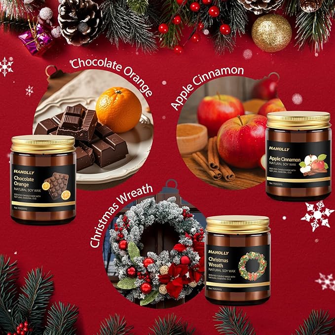 Christmas Scented Candles Set, 6 Pack Winter Scented Candles for Home, Holiday Gifts for Women & Men, Soy Candles Scents of Christmas Tree, Spice, Wreath, Apple Cinnamon, Chocolate Orange, Jingle Bell