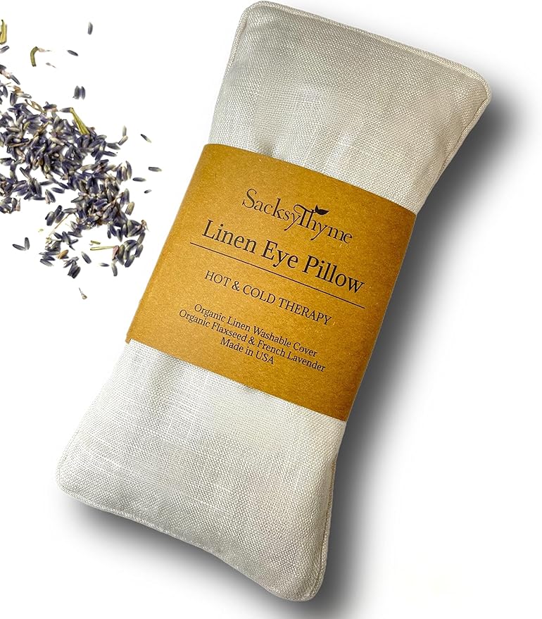 Sacksy Thyme Organic Linen Eye Pillow - Lavender & Flaxseed for Relaxation, Yoga, Stress Relief - Microwavable Heating Pad & Cool Compress - Made in USA - Gifts for Meditation