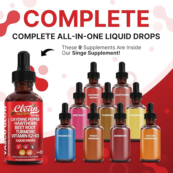Clean Nutra Cayenne Pepper Drops Supplement Liquid + Hawthorn Berry, Vitamin D3 K2 Beet Root Powder, Ceylon Cinnamon, Turmeric Curcumin, Organic Panax Ginseng, Berberine Extract 1 Pack