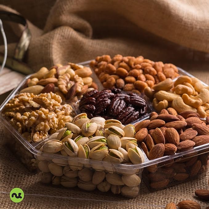 NUT CRAVINGS Gourmet Collection - Christmas Treats Nuts Gift Basket with Happy Holiday Ribbon (7 Assortments) Food Arrangement, Healthy Snack Care Package, Food Assortments