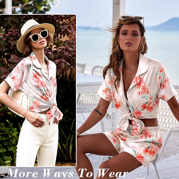 Ekouaer Silk Pajamas for Women Short Sleeve Sleepwear Soft Button Down Loungewear 2 Piece Satin Pjs Shorts Set S-XXL