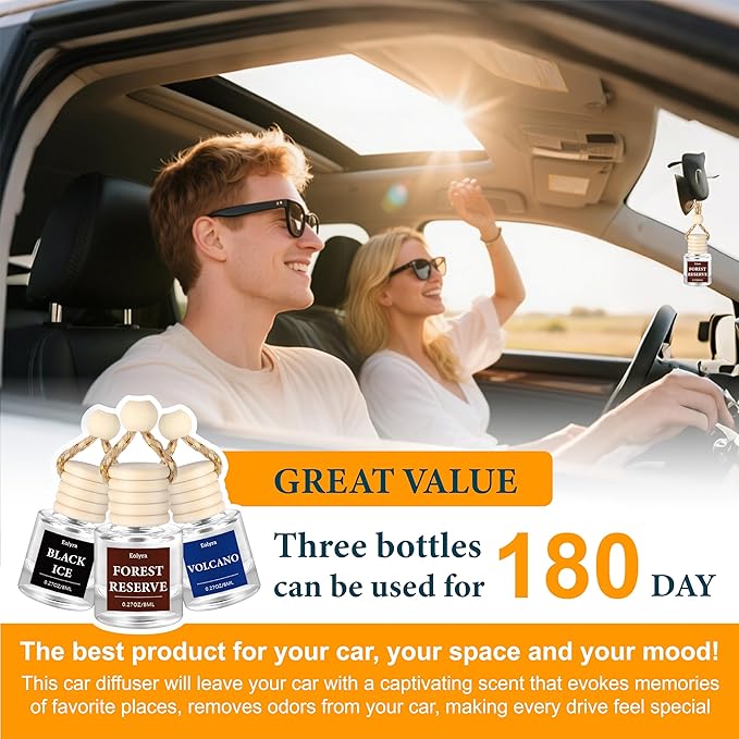 Hanging Car Air Freshener (Pack of 3) : Luxury Car Perfume for Women Men | Cute & Reusable Bottle with 45+ Days Long-Lasting Fragrance Oil Diffuser, Black ice & Forest Reserve & Volcano