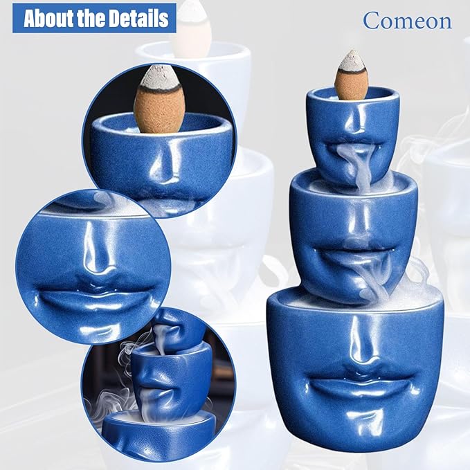 Comeon Backflow Incense Burner Holder, Face Handicraft Decor, Resin Reverse Flow Incense Burner Censer Cone + 20 Backflow Incense Cones 30 Incense Sticks 1 Tweezer 1 Mat (Matte Blue)