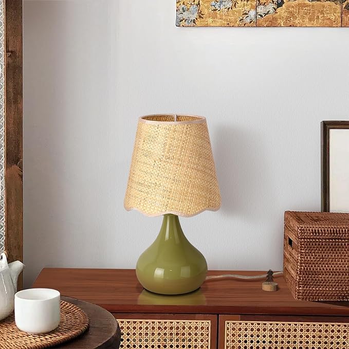 Green Cute Small Boho Table Lamp for Bedroom Bedside, Green Bedroom Lamps for Nightstand, Small Scalloped Rattan Shade Table Lamps for Small Spaces for Bedroom, Home Office, Living Room, Kids Dorm